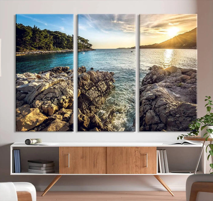 Rocky Shoreline Sunset Triptych Canvas Wall Art, Coastal Landscape Giclee Print with Gallery Wrap, Ocean Horizon Decor