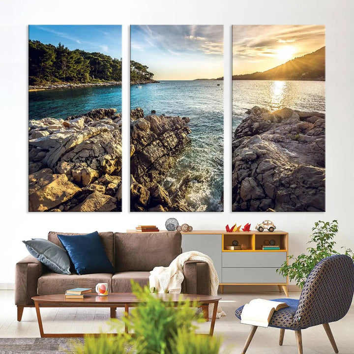 Rocky Shoreline Sunset Triptych Canvas Wall Art, Coastal Landscape Giclee Print with Gallery Wrap, Ocean Horizon Decor