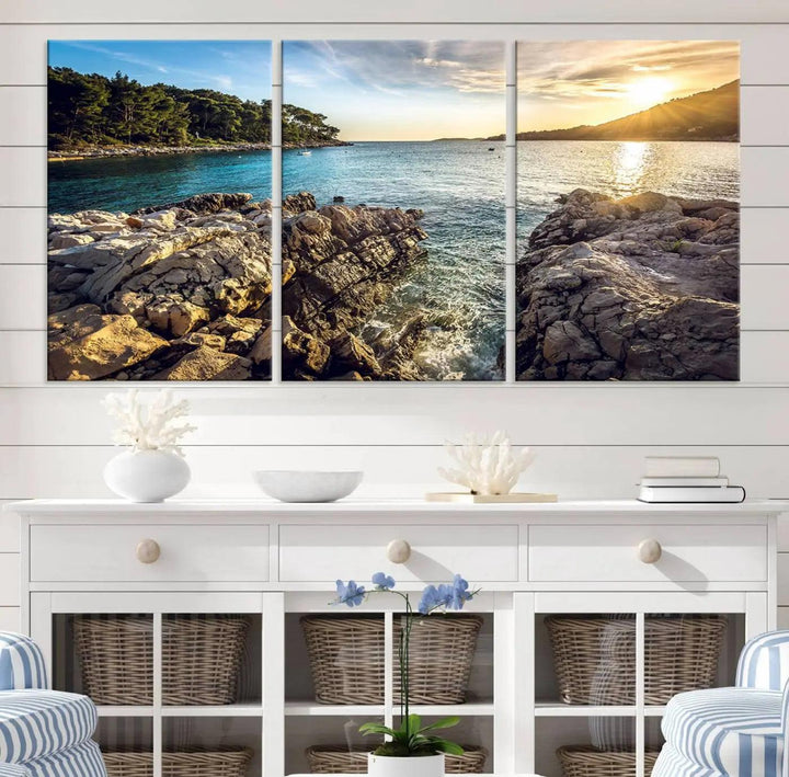 Rocky Shoreline Sunset Triptych Canvas Wall Art, Coastal Landscape Giclee Print with Gallery Wrap, Ocean Horizon Decor