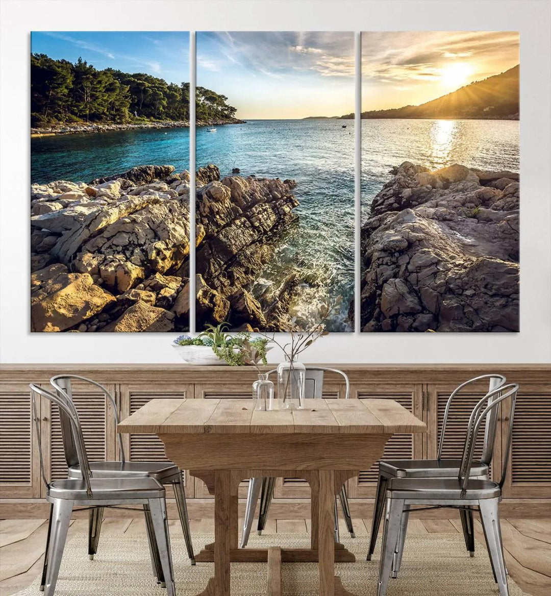 Rocky Shoreline Sunset Triptych Canvas Wall Art, Coastal Landscape Giclee Print with Gallery Wrap, Ocean Horizon Decor