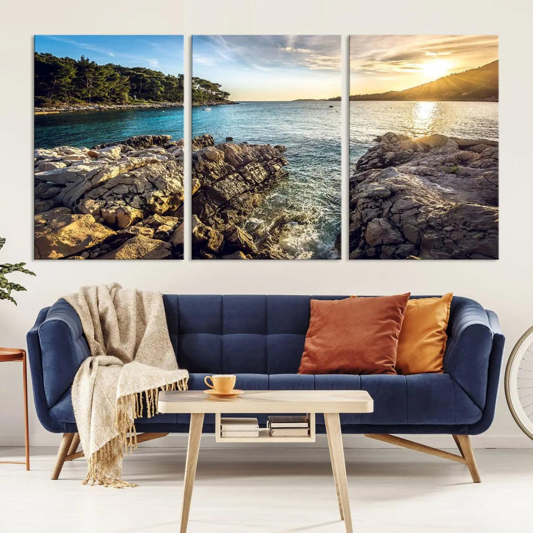 Rocky Shoreline Sunset Triptych Canvas Wall Art, Coastal Landscape Giclee Print with Gallery Wrap, Ocean Horizon Decor