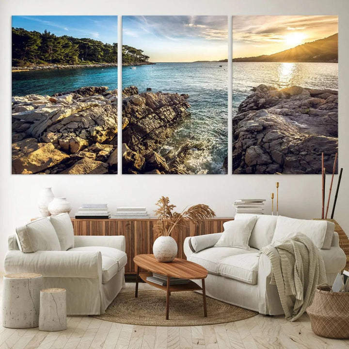 Rocky Shoreline Sunset Triptych Canvas Wall Art, Coastal Landscape Giclee Print with Gallery Wrap, Ocean Horizon Decor