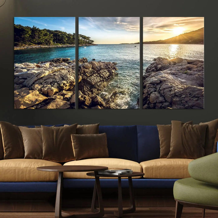 Rocky Shoreline Sunset Triptych Canvas Wall Art, Coastal Landscape Giclee Print with Gallery Wrap, Ocean Horizon Decor