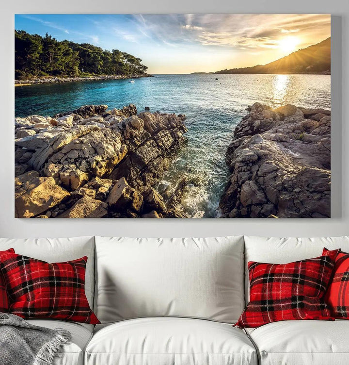 Rocky Shoreline Sunset Triptych Canvas Wall Art, Coastal Landscape Giclee Print with Gallery Wrap, Ocean Horizon Decor