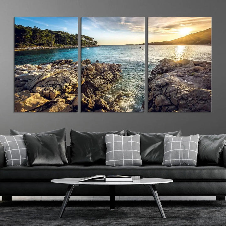 Rocky Shoreline Sunset Triptych Canvas Wall Art, Coastal Landscape Giclee Print with Gallery Wrap, Ocean Horizon Decor