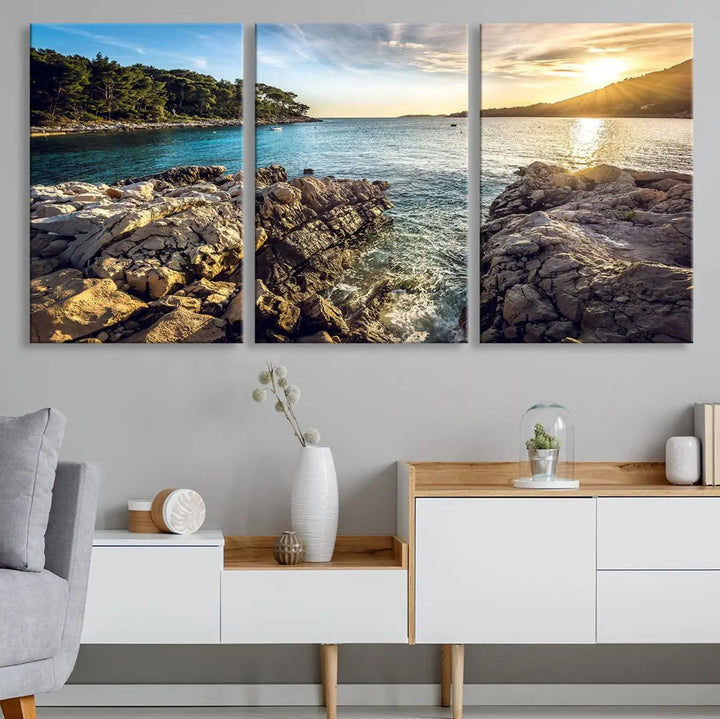 Rocky Shoreline Sunset Triptych Canvas Wall Art, Coastal Landscape Giclee Print with Gallery Wrap, Ocean Horizon Decor