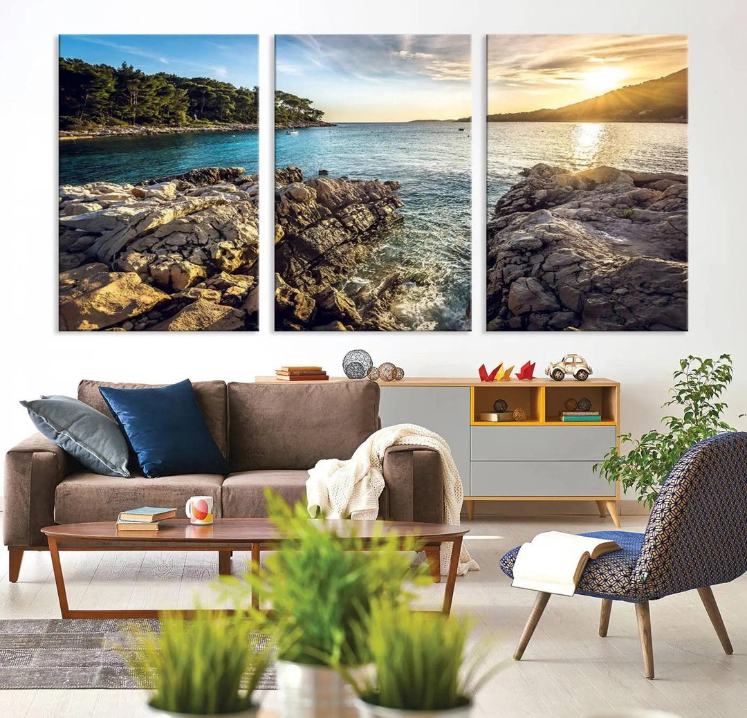 Rocky Shoreline Sunset Triptych Canvas Wall Art, Coastal Landscape Giclee Print with Gallery Wrap, Ocean Horizon Decor