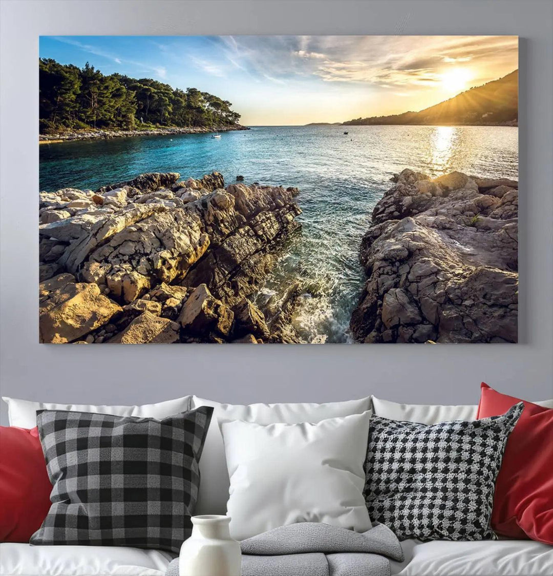 Rocky Shoreline Sunset Triptych Canvas Wall Art, Coastal Landscape Giclee Print with Gallery Wrap, Ocean Horizon Decor