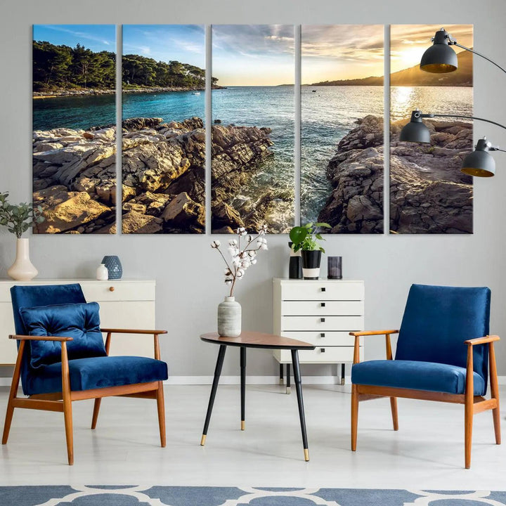 The "Rocky Shoreline Sunset Triptych Canvas Wall Art" features a coastal landscape giclee print, capturing the ocean horizon in a gallery-wrapped style.