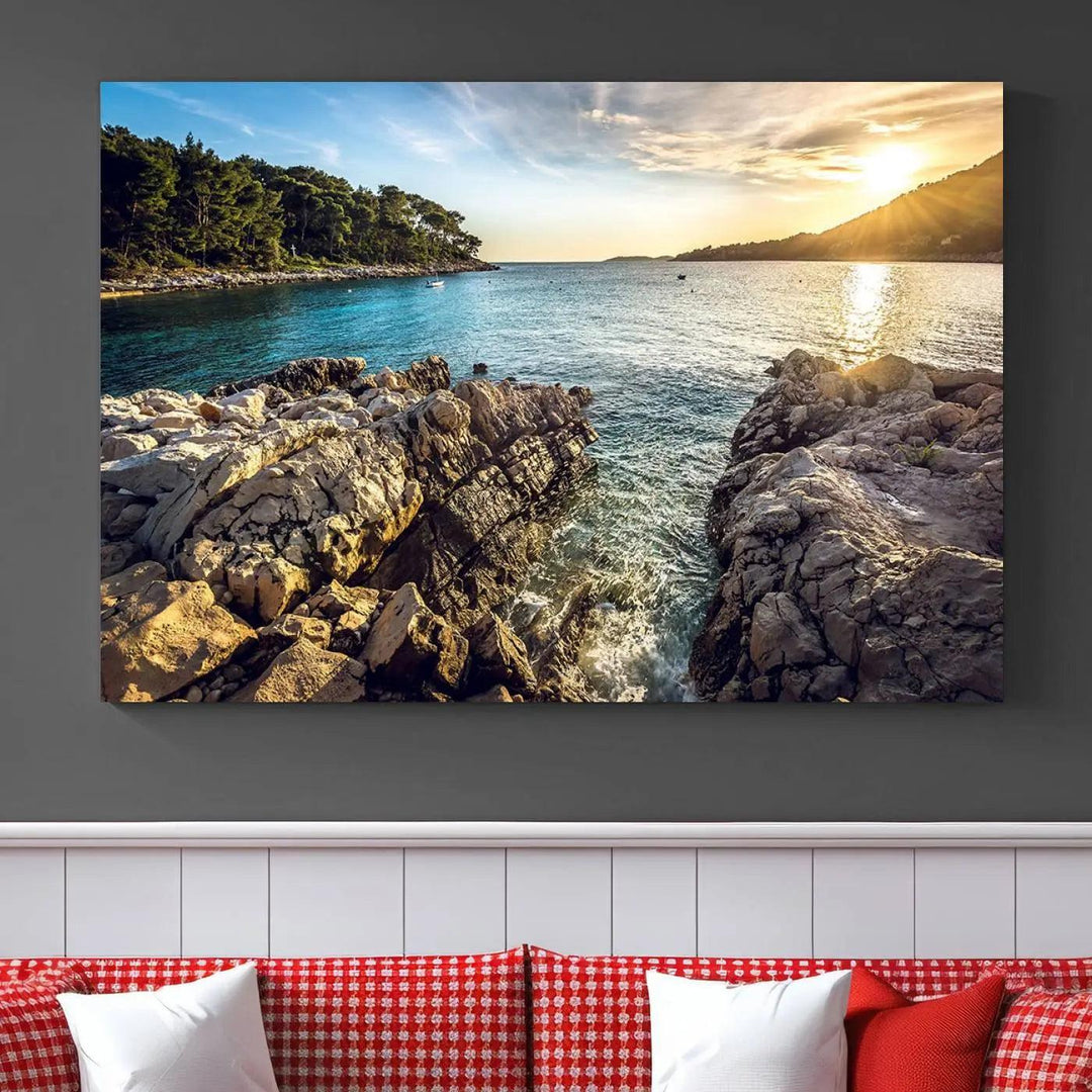 Rocky Shoreline Sunset Triptych Canvas Wall Art, Coastal Landscape Giclee Print with Gallery Wrap, Ocean Horizon Decor