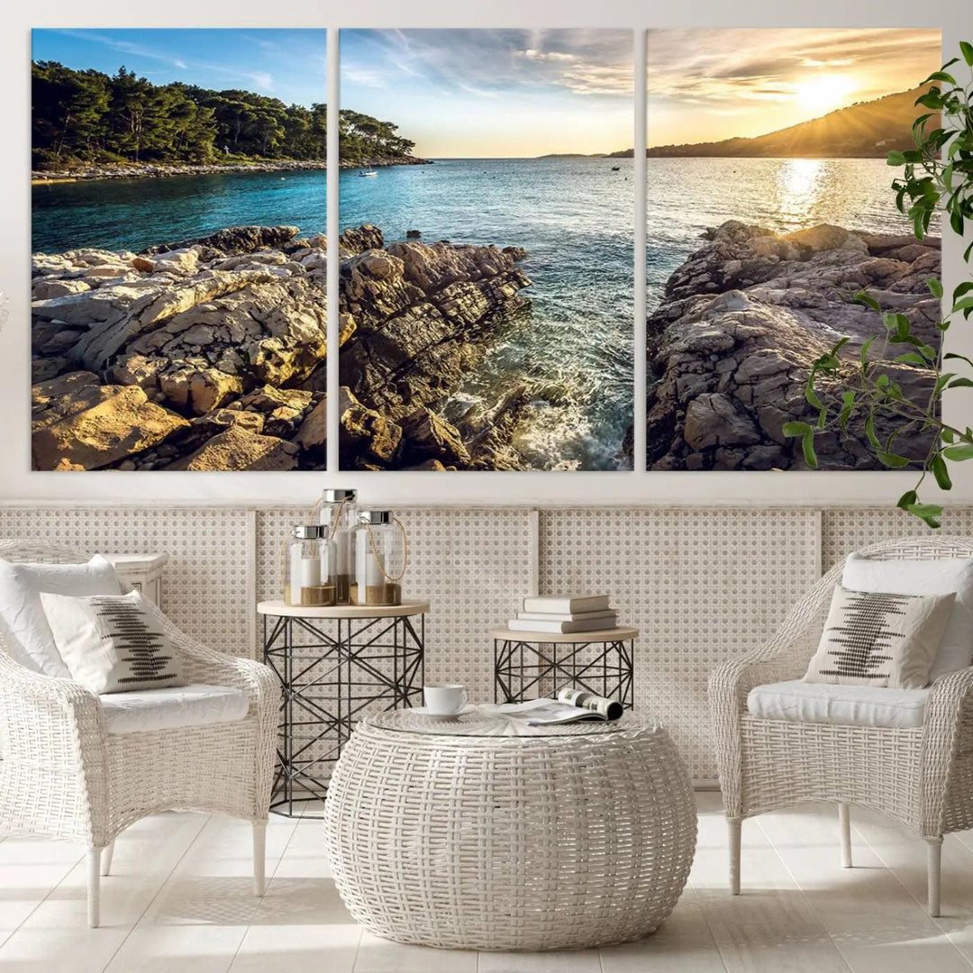 Rocky Shoreline Sunset Triptych Canvas Wall Art, Coastal Landscape Giclee Print with Gallery Wrap, Ocean Horizon Decor