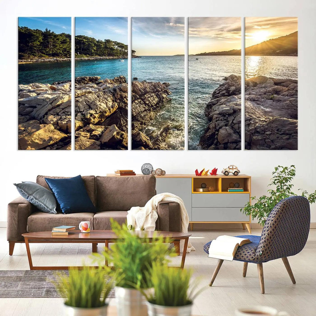 The "Rocky Shoreline Sunset Triptych Canvas Wall Art" features a coastal landscape giclee print, capturing the ocean horizon in a gallery-wrapped style.