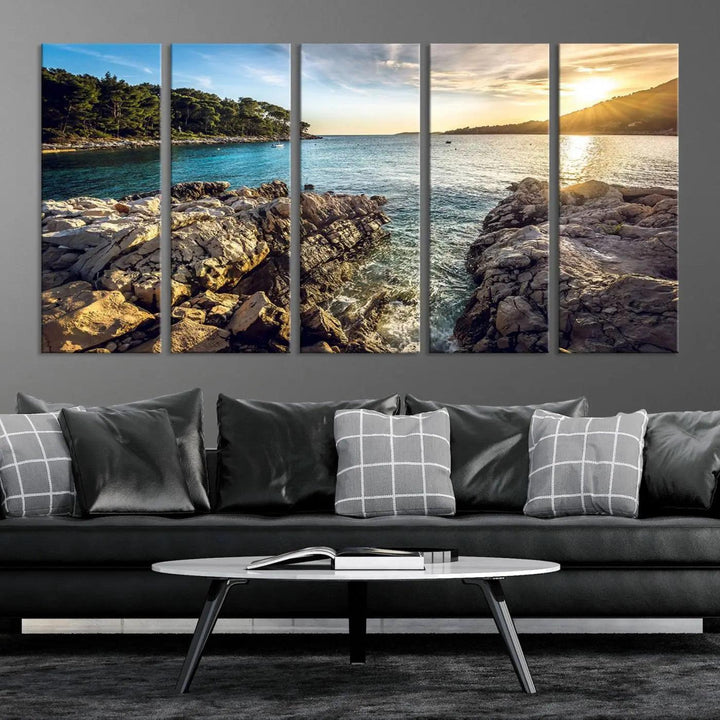 Rocky Shoreline Sunset Triptych Canvas Wall Art, Coastal Landscape Giclee Print with Gallery Wrap, Ocean Horizon Decor