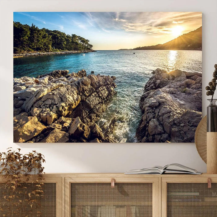 Rocky Shoreline Sunset Triptych Canvas Wall Art, Coastal Landscape Giclee Print with Gallery Wrap, Ocean Horizon Decor