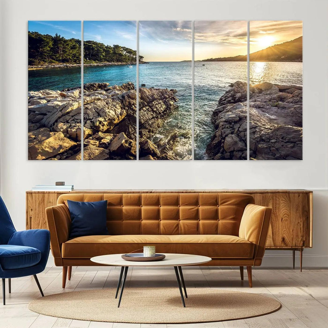 Rocky Shoreline Sunset Triptych Canvas Wall Art, Coastal Landscape Giclee Print with Gallery Wrap, Ocean Horizon Decor