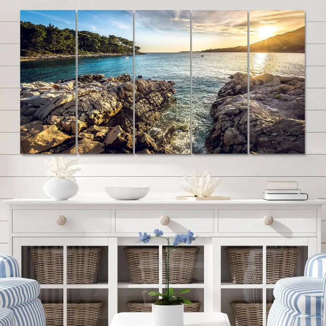 Rocky Shoreline Sunset Triptych Canvas Wall Art, Coastal Landscape Giclee Print with Gallery Wrap, Ocean Horizon Decor