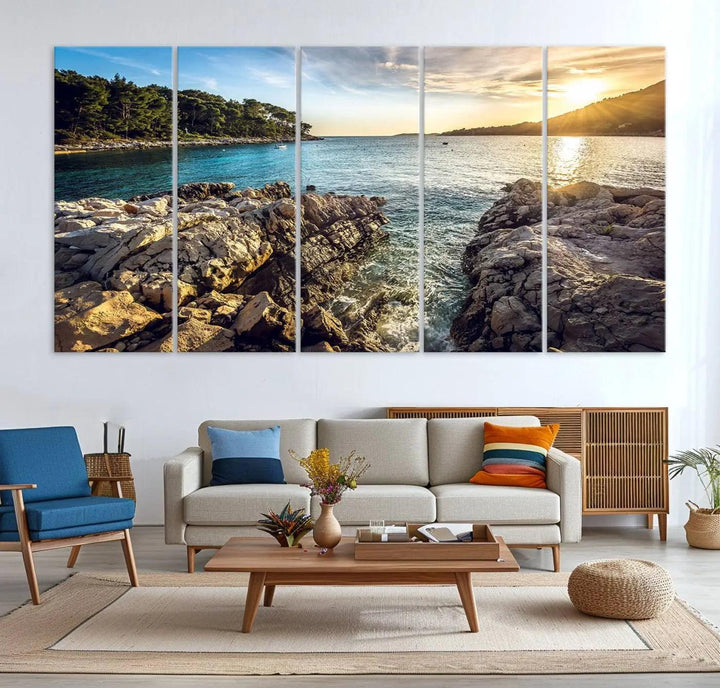 Rocky Shoreline Sunset Triptych Canvas Wall Art, Coastal Landscape Giclee Print with Gallery Wrap, Ocean Horizon Decor