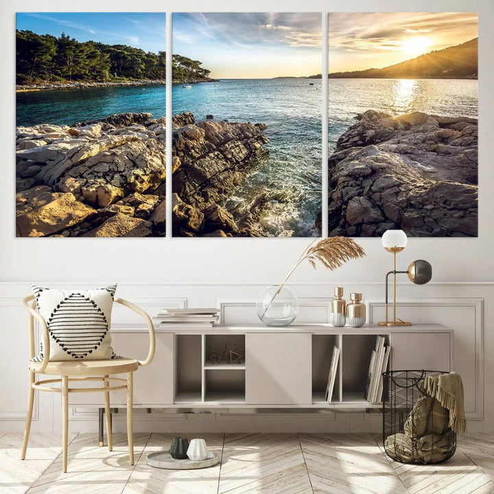 Rocky Shoreline Sunset Triptych Canvas Wall Art, Coastal Landscape Giclee Print with Gallery Wrap, Ocean Horizon Decor