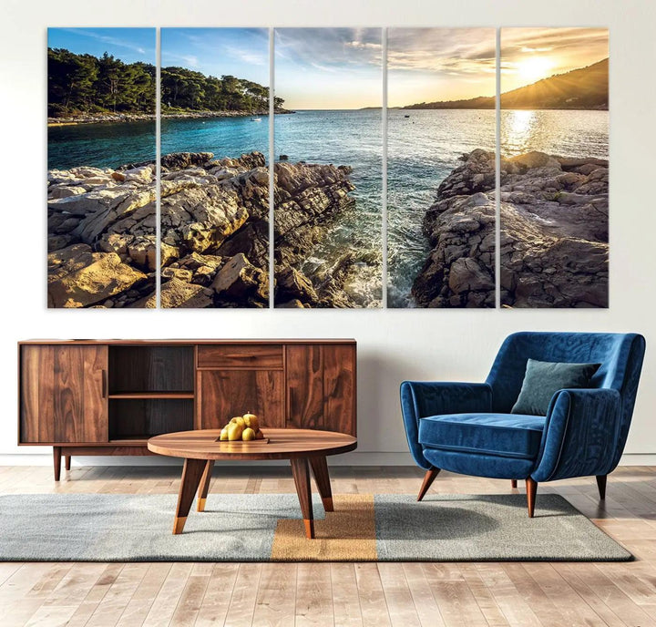 Rocky Shoreline Sunset Triptych Canvas Wall Art, Coastal Landscape Giclee Print with Gallery Wrap, Ocean Horizon Decor