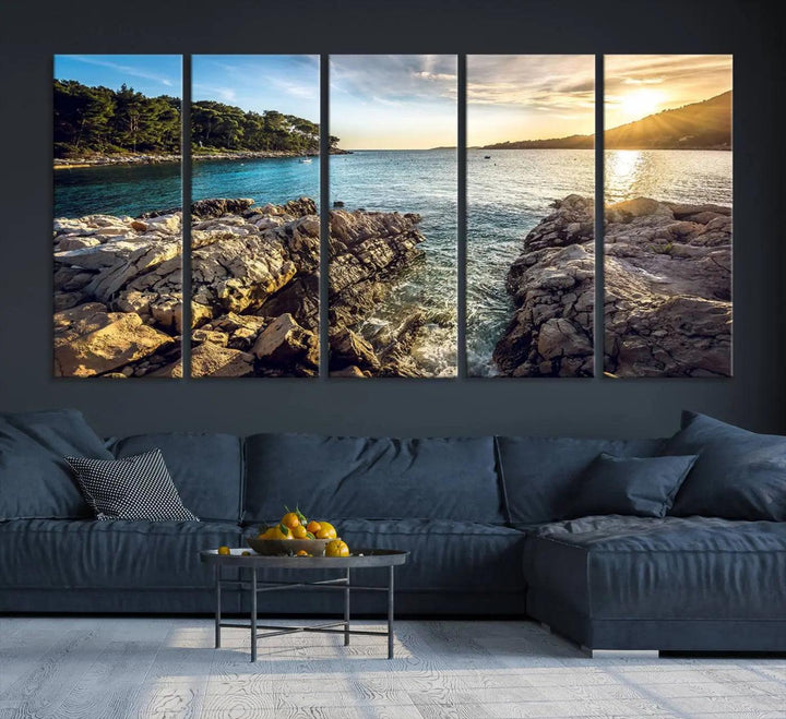 Rocky Shoreline Sunset Triptych Canvas Wall Art, Coastal Landscape Giclee Print with Gallery Wrap, Ocean Horizon Decor