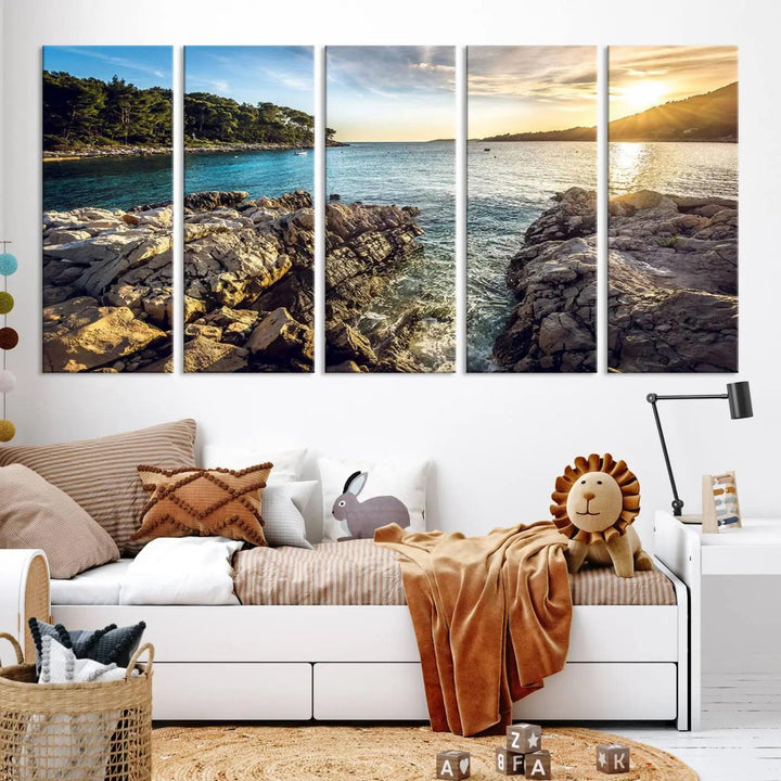 Rocky Shoreline Sunset Triptych Canvas Wall Art, Coastal Landscape Giclee Print with Gallery Wrap, Ocean Horizon Decor