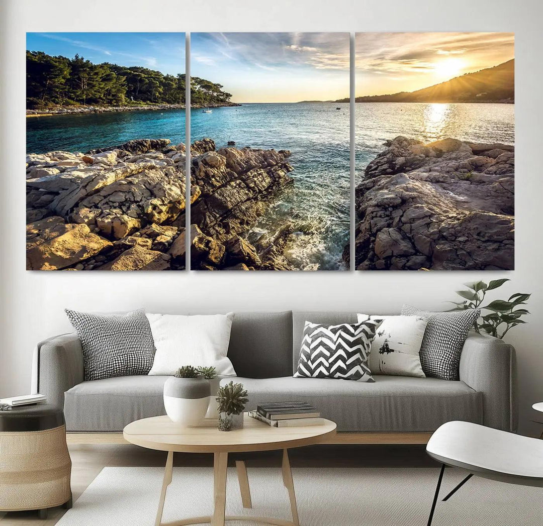 Rocky Shoreline Sunset Triptych Canvas Wall Art, Coastal Landscape Giclee Print with Gallery Wrap, Ocean Horizon Decor