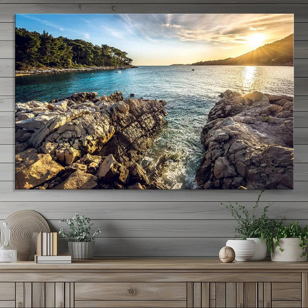 Rocky Shoreline Sunset Triptych Canvas Wall Art, Coastal Landscape Giclee Print with Gallery Wrap, Ocean Horizon Decor