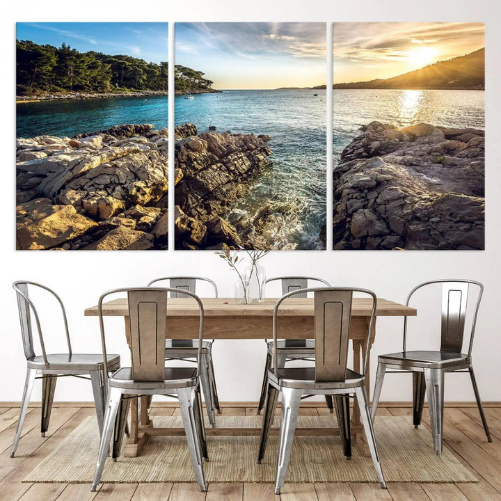 The "Rocky Shoreline Sunset Triptych Canvas Wall Art" features a coastal landscape giclee print, capturing the ocean horizon in a gallery-wrapped style.