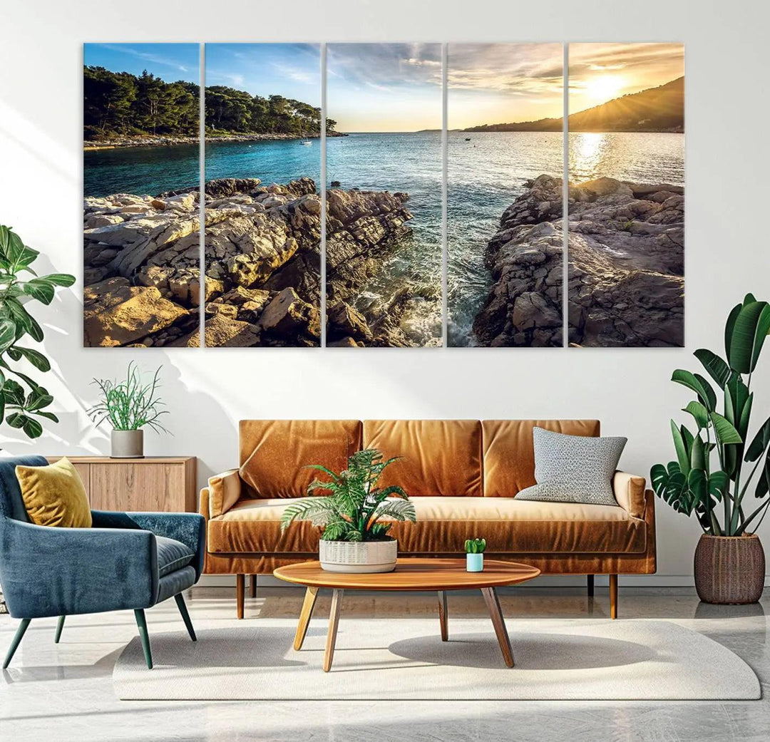 Rocky Shoreline Sunset Triptych Canvas Wall Art, Coastal Landscape Giclee Print with Gallery Wrap, Ocean Horizon Decor