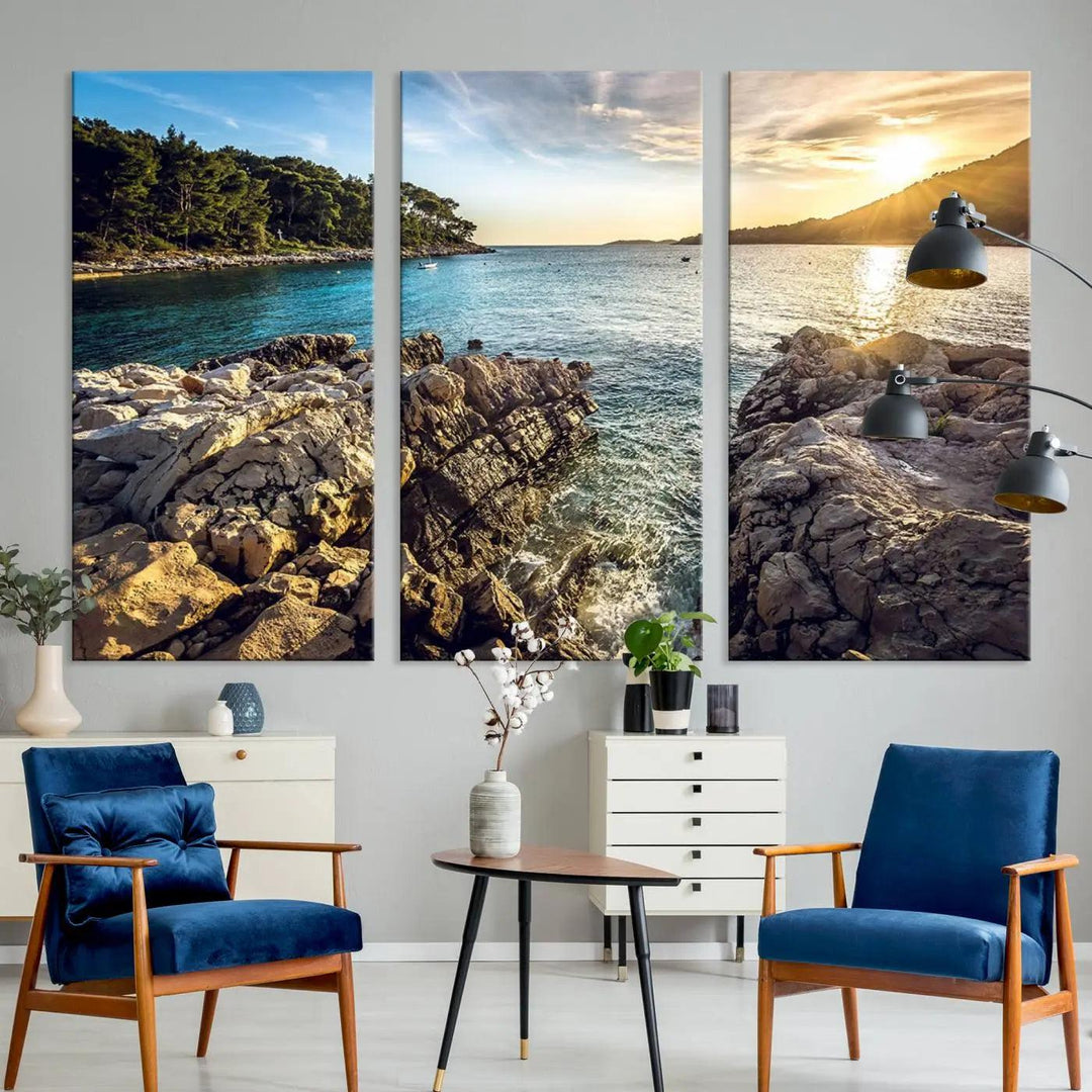 Rocky Shoreline Sunset Triptych Canvas Wall Art, Coastal Landscape Giclee Print with Gallery Wrap, Ocean Horizon Decor