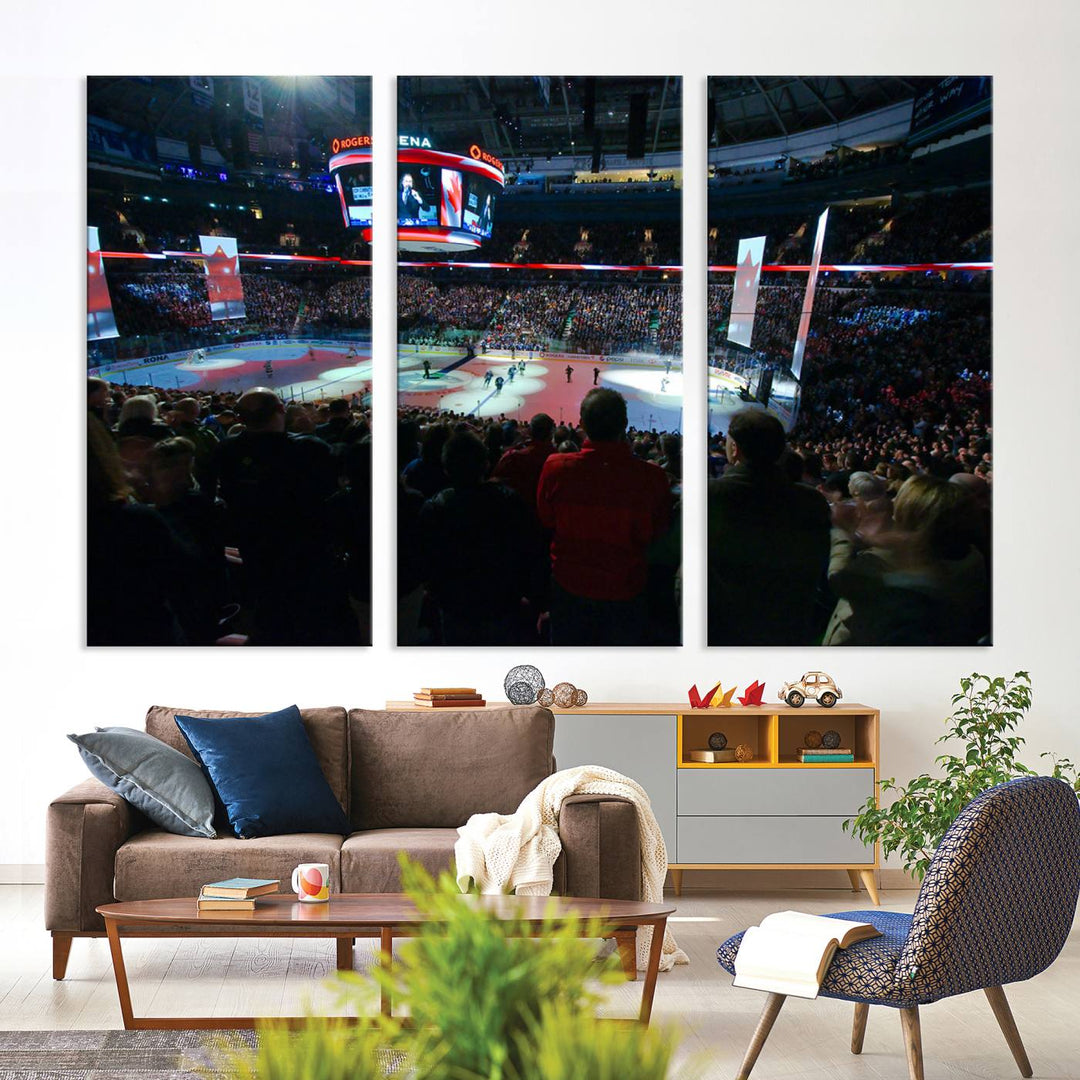 Experience the intense atmosphere of a full-capacity ice hockey game at Rogers Arena, home of the Vancouver Canucks, captured on museum-quality canvas.