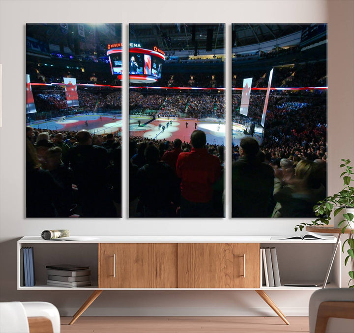 Experience the intense atmosphere of a full-capacity ice hockey game at Rogers Arena, home of the Vancouver Canucks, captured on museum-quality canvas.