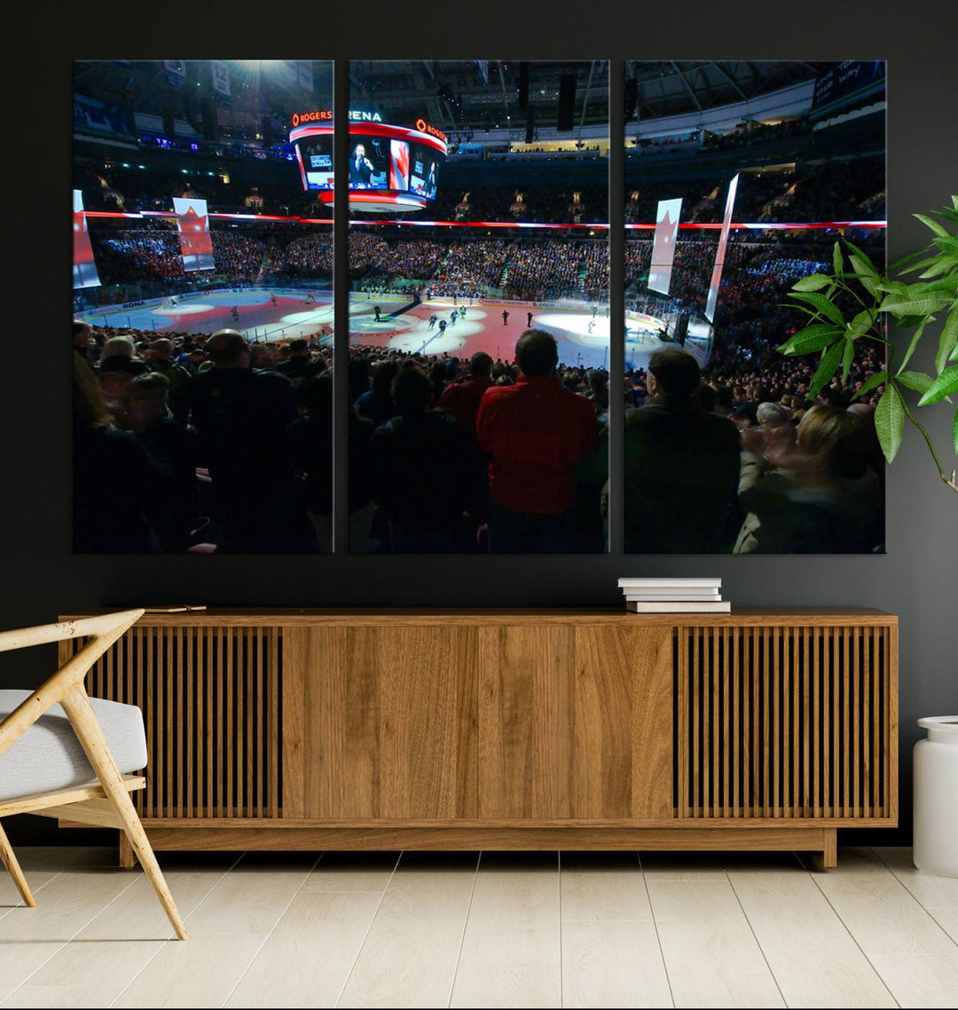 Experience the intense atmosphere of a full-capacity ice hockey game at Rogers Arena, home of the Vancouver Canucks, captured on museum-quality canvas.