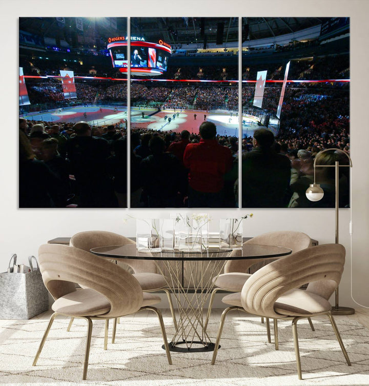 Experience the intense atmosphere of a full-capacity ice hockey game at Rogers Arena, home of the Vancouver Canucks, captured on museum-quality canvas.