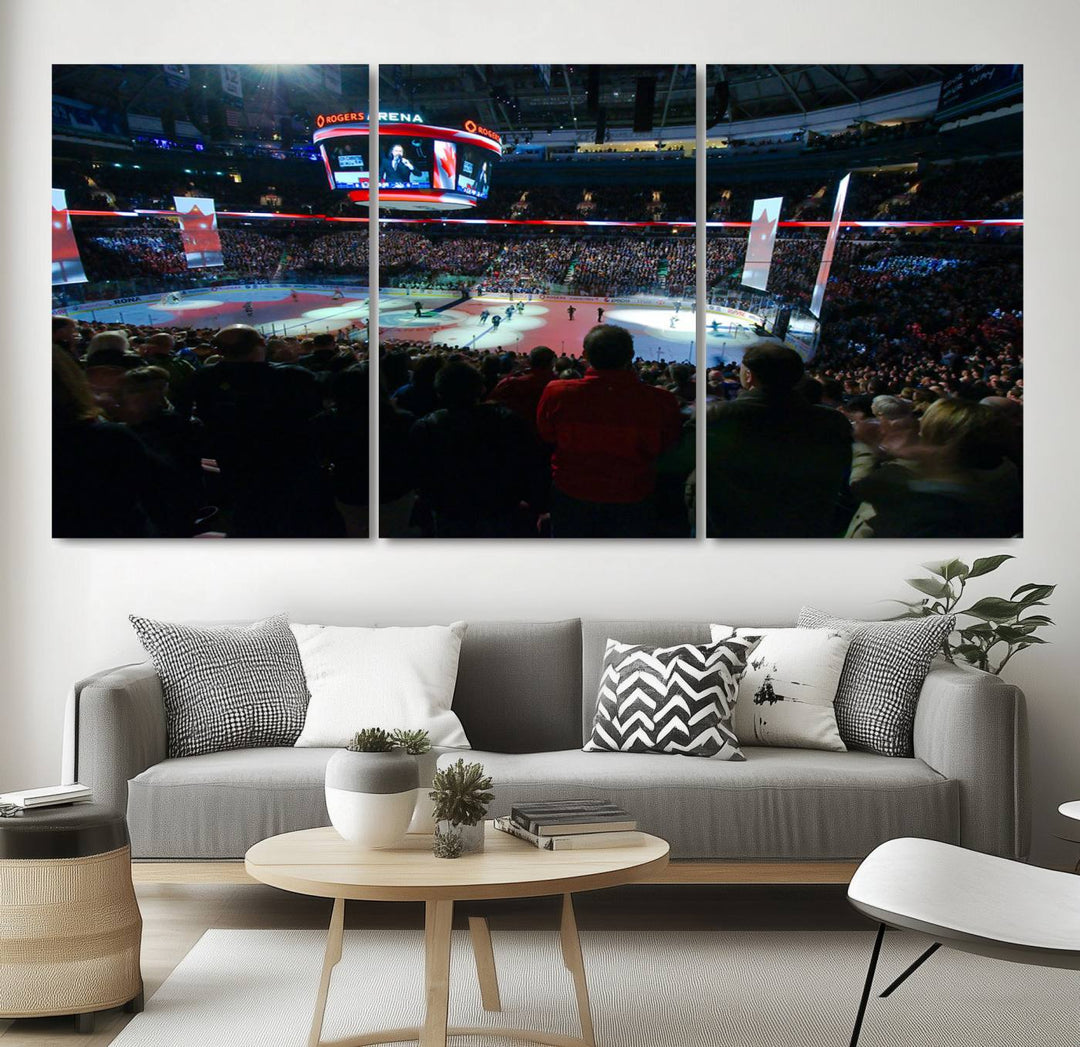 Experience the intense atmosphere of a full-capacity ice hockey game at Rogers Arena, home of the Vancouver Canucks, captured on museum-quality canvas.