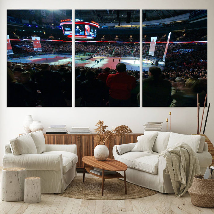 Experience the intense atmosphere of a full-capacity ice hockey game at Rogers Arena, home of the Vancouver Canucks, captured on museum-quality canvas.