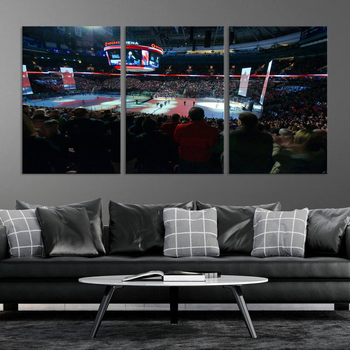 Experience the intense atmosphere of a full-capacity ice hockey game at Rogers Arena, home of the Vancouver Canucks, captured on museum-quality canvas.