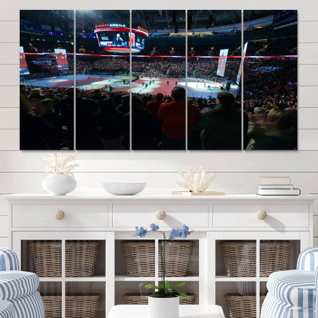 Experience the intense atmosphere of a full-capacity ice hockey game at Rogers Arena, home of the Vancouver Canucks, captured on museum-quality canvas.