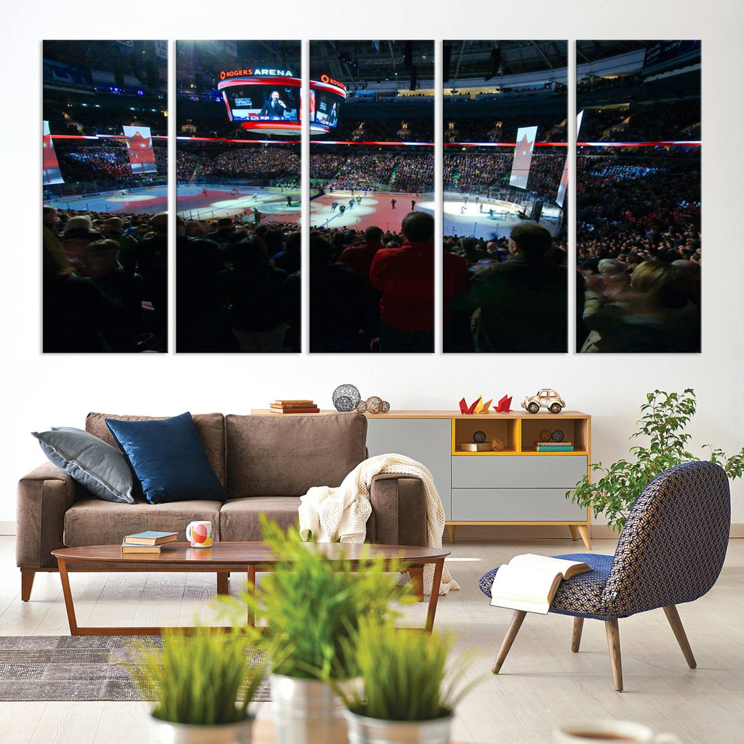 Experience the intense atmosphere of a full-capacity ice hockey game at Rogers Arena, home of the Vancouver Canucks, captured on museum-quality canvas.