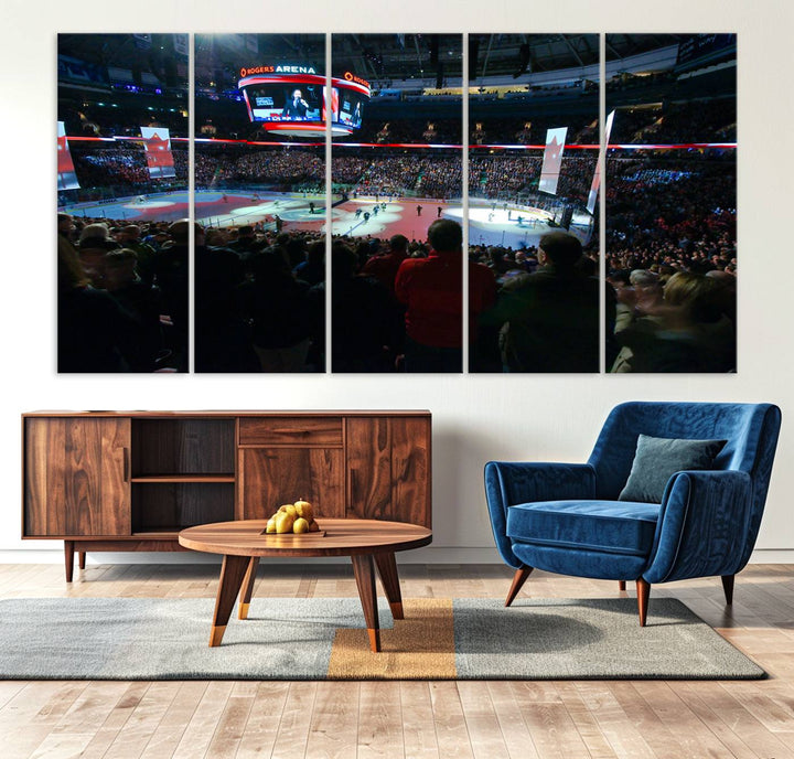 Experience the intense atmosphere of a full-capacity ice hockey game at Rogers Arena, home of the Vancouver Canucks, captured on museum-quality canvas.