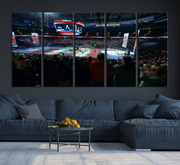 Experience the intense atmosphere of a full-capacity ice hockey game at Rogers Arena, home of the Vancouver Canucks, captured on museum-quality canvas.