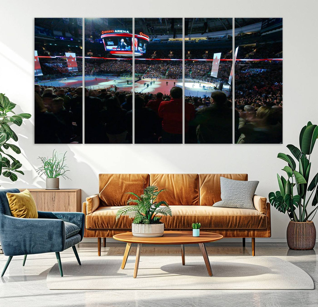 Experience the intense atmosphere of a full-capacity ice hockey game at Rogers Arena, home of the Vancouver Canucks, captured on museum-quality canvas.