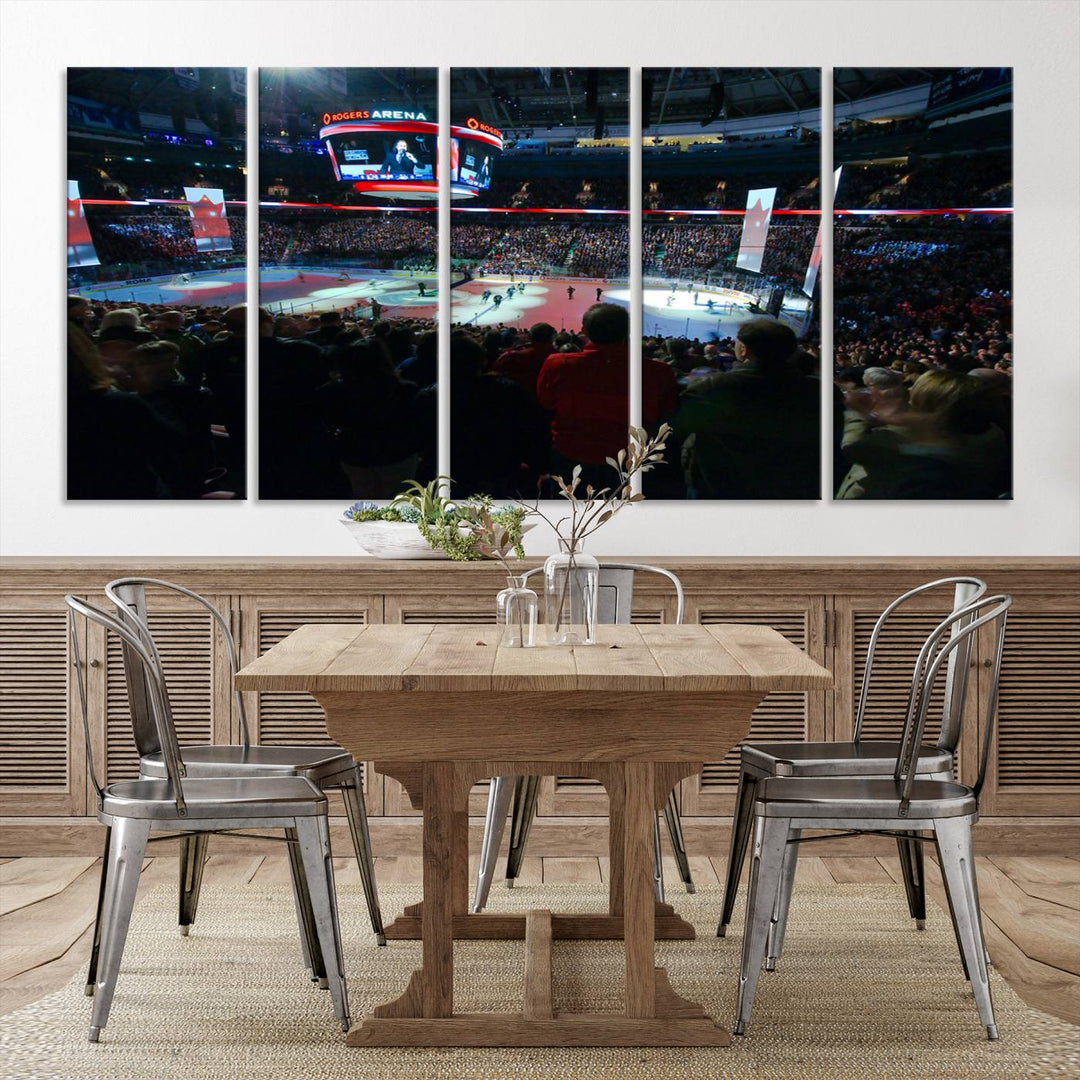 Experience the intense atmosphere of a full-capacity ice hockey game at Rogers Arena, home of the Vancouver Canucks, captured on museum-quality canvas.