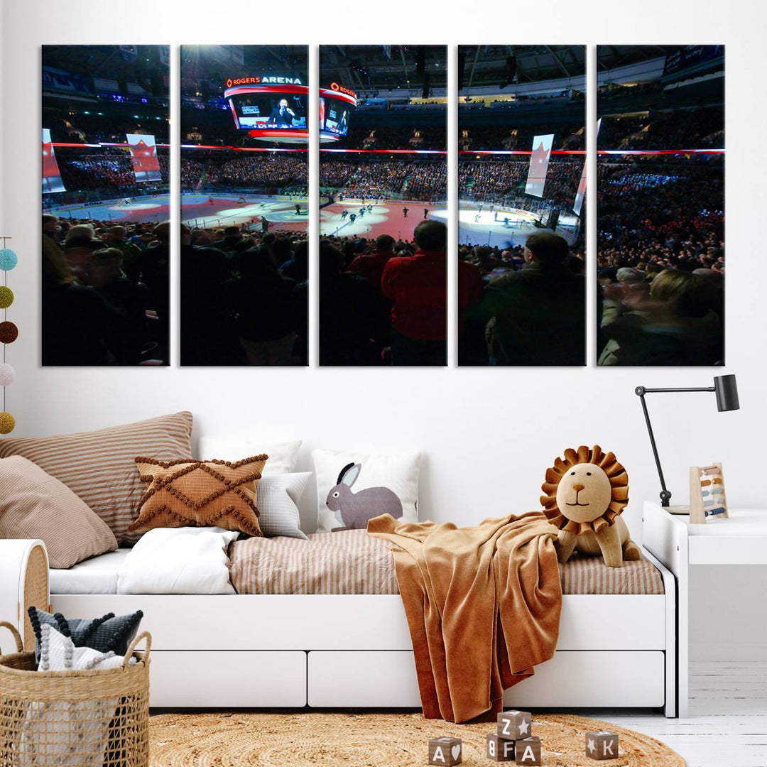 Experience the intense atmosphere of a full-capacity ice hockey game at Rogers Arena, home of the Vancouver Canucks, captured on museum-quality canvas.