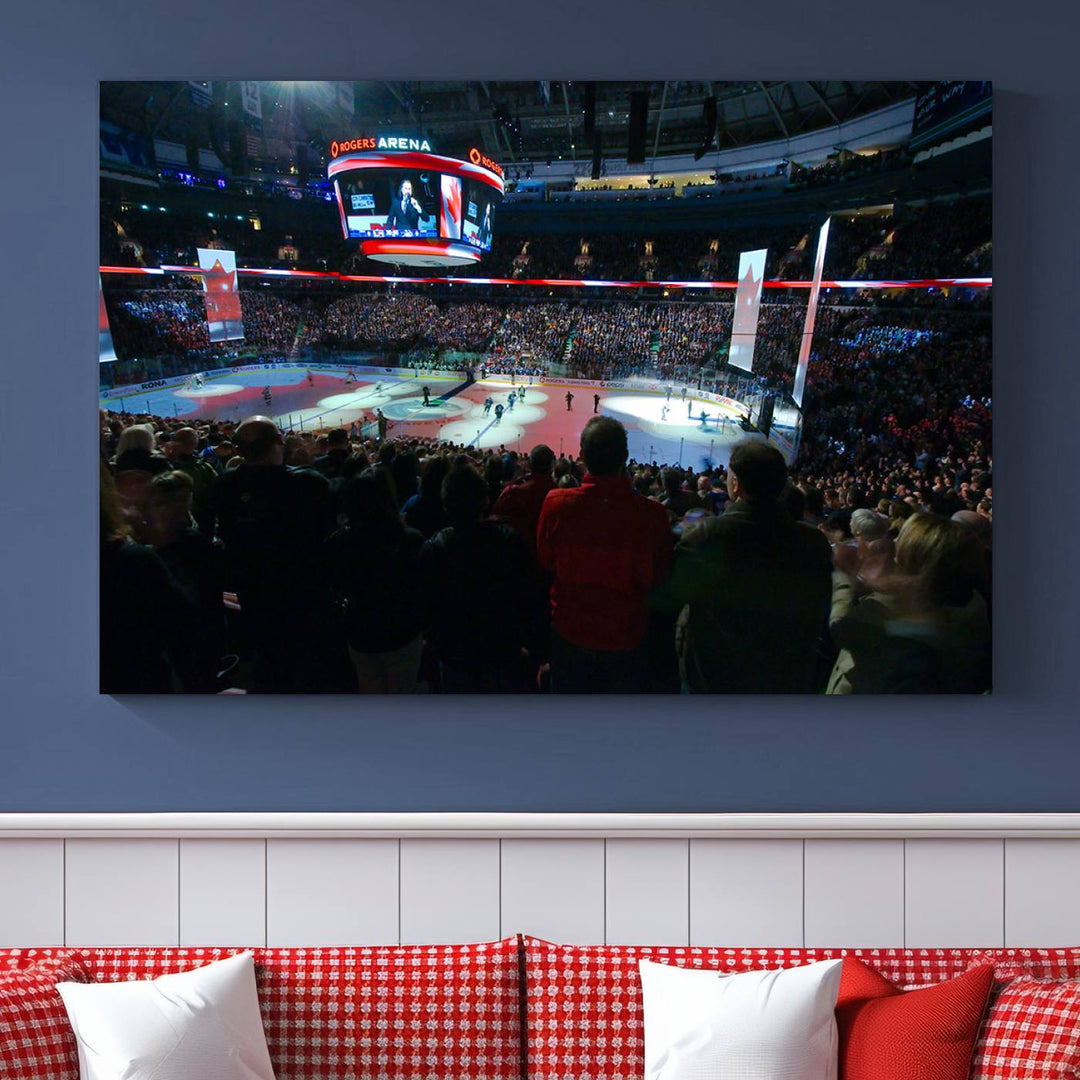 Experience the intense atmosphere of a full-capacity ice hockey game at Rogers Arena, home of the Vancouver Canucks, captured on museum-quality canvas.