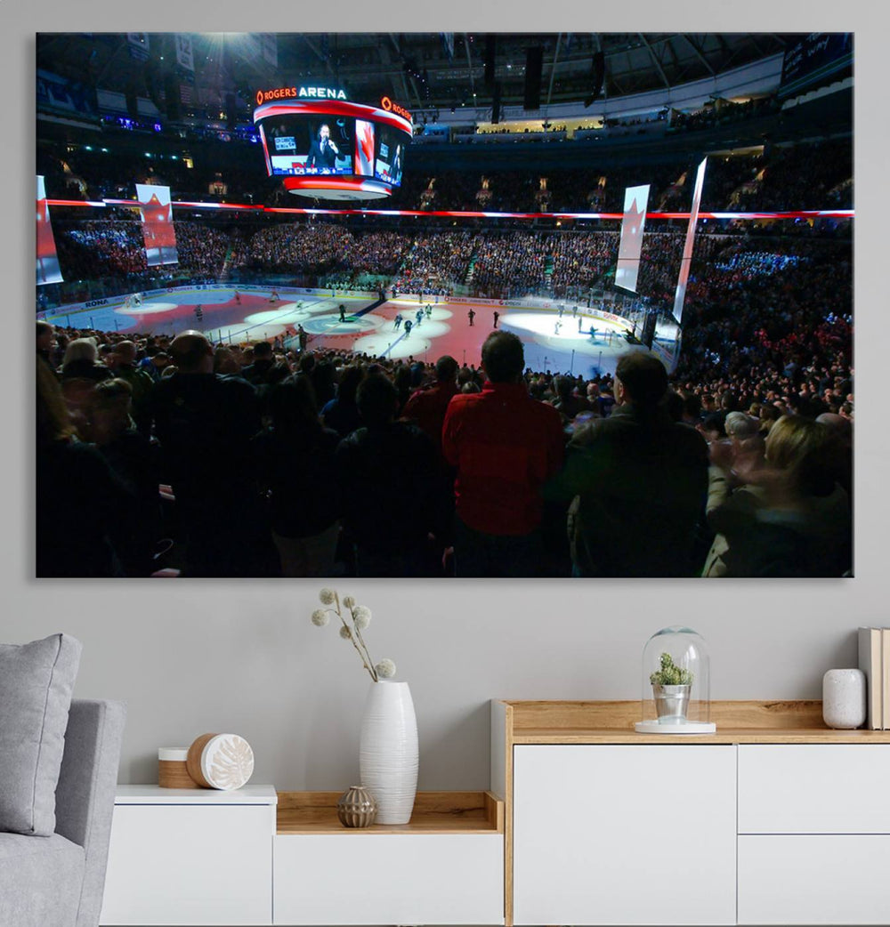 Experience the intense atmosphere of a full-capacity ice hockey game at Rogers Arena, home of the Vancouver Canucks, captured on museum-quality canvas.