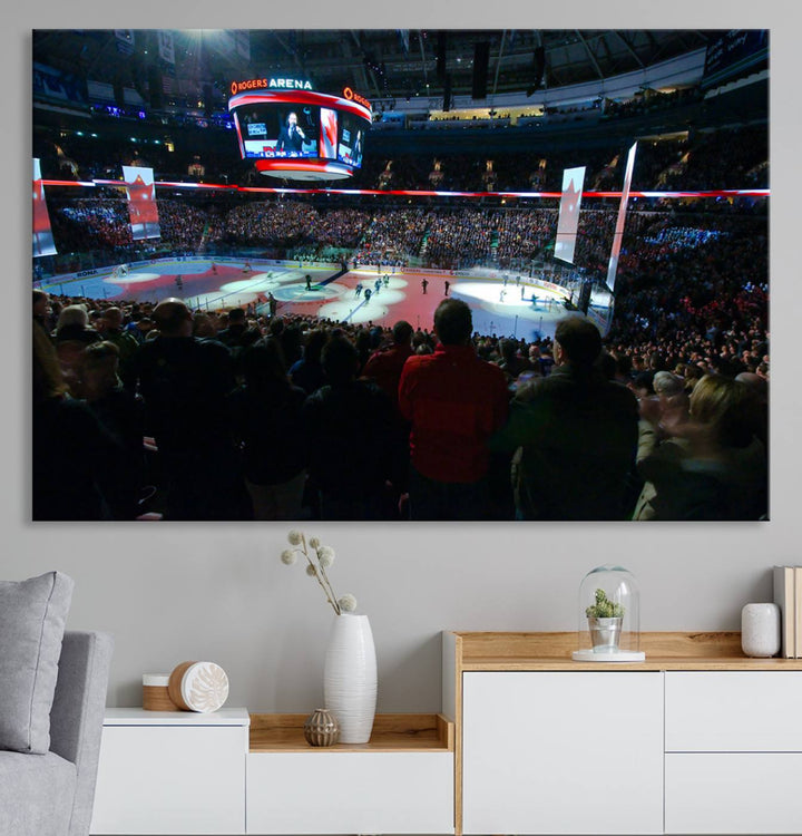 Experience the intense atmosphere of a full-capacity ice hockey game at Rogers Arena, home of the Vancouver Canucks, captured on museum-quality canvas.