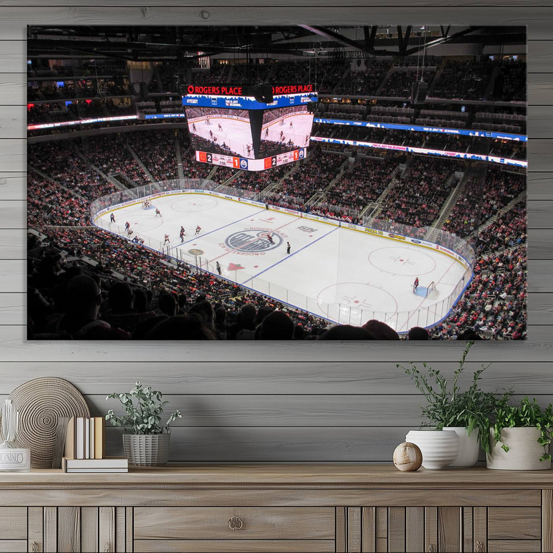 Capture the high-energy moment of a hockey game at Rogers Place with the Edmonton Oilers Ice Hockey Stadium Wall Art Canvas Print. This museum-quality canvas perfectly showcases the excitement with high-resolution printing, featuring a vibrant depiction of a full arena.