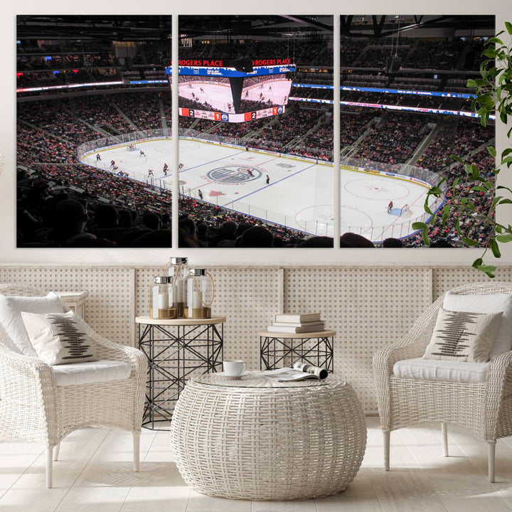 Capture the high-energy moment of a hockey game at Rogers Place with the Edmonton Oilers Ice Hockey Stadium Wall Art Canvas Print. This museum-quality canvas perfectly showcases the excitement with high-resolution printing, featuring a vibrant depiction of a full arena.