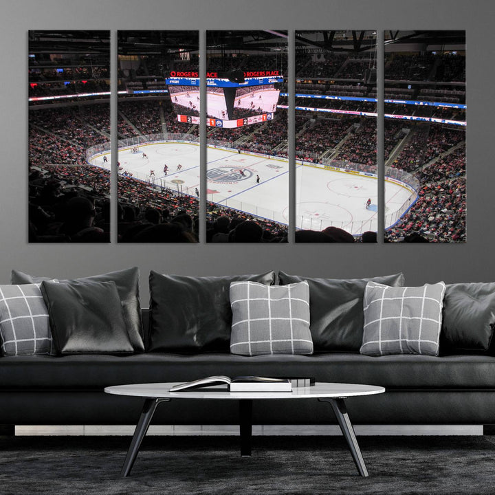 Capture the high-energy moment of a hockey game at Rogers Place with the Edmonton Oilers Ice Hockey Stadium Wall Art Canvas Print. This museum-quality canvas perfectly showcases the excitement with high-resolution printing, featuring a vibrant depiction of a full arena.